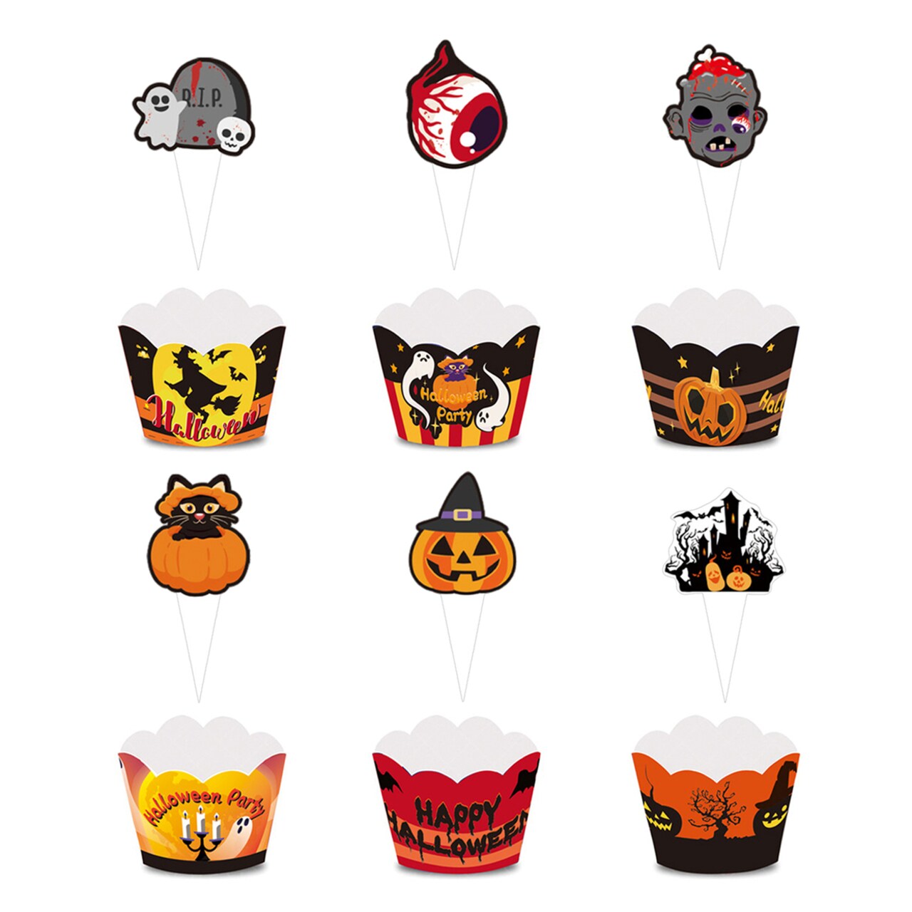 6 Sets Cupcake Toppers Insert And Paper Cups Halloween Theme Picks Create Atmosphere Food Grade Halloween Party Cake